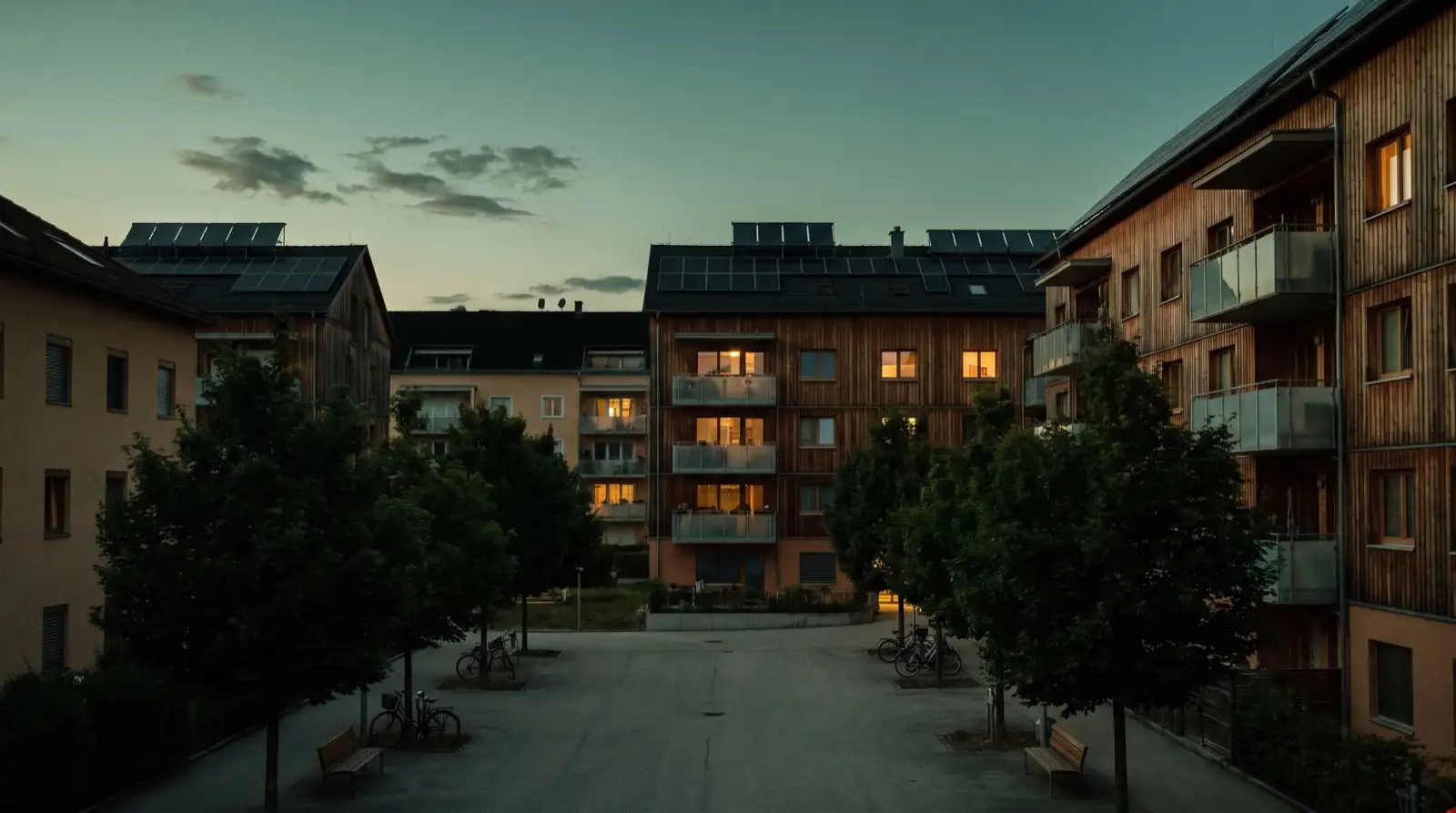 Symbolbild: Wohnsiedlung mit Photovoltaik am Abend