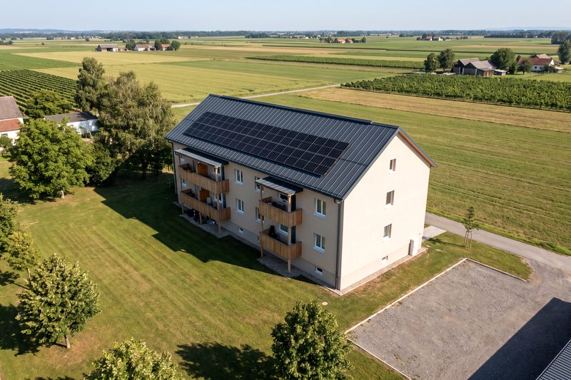 Symbolbild: Luftaufnahme einer dreigeschossigen Wohnhausanlage mit Photovoltaikmodulen auf dem Blechdach, ländliche Umgebung